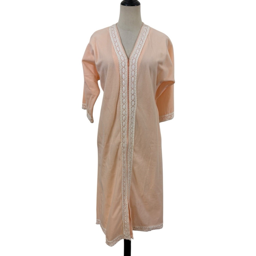 Vtg 60s Orestes‎ Brass Flannel Peach Pink Nightgown Zip Front Lace Trim Sz S